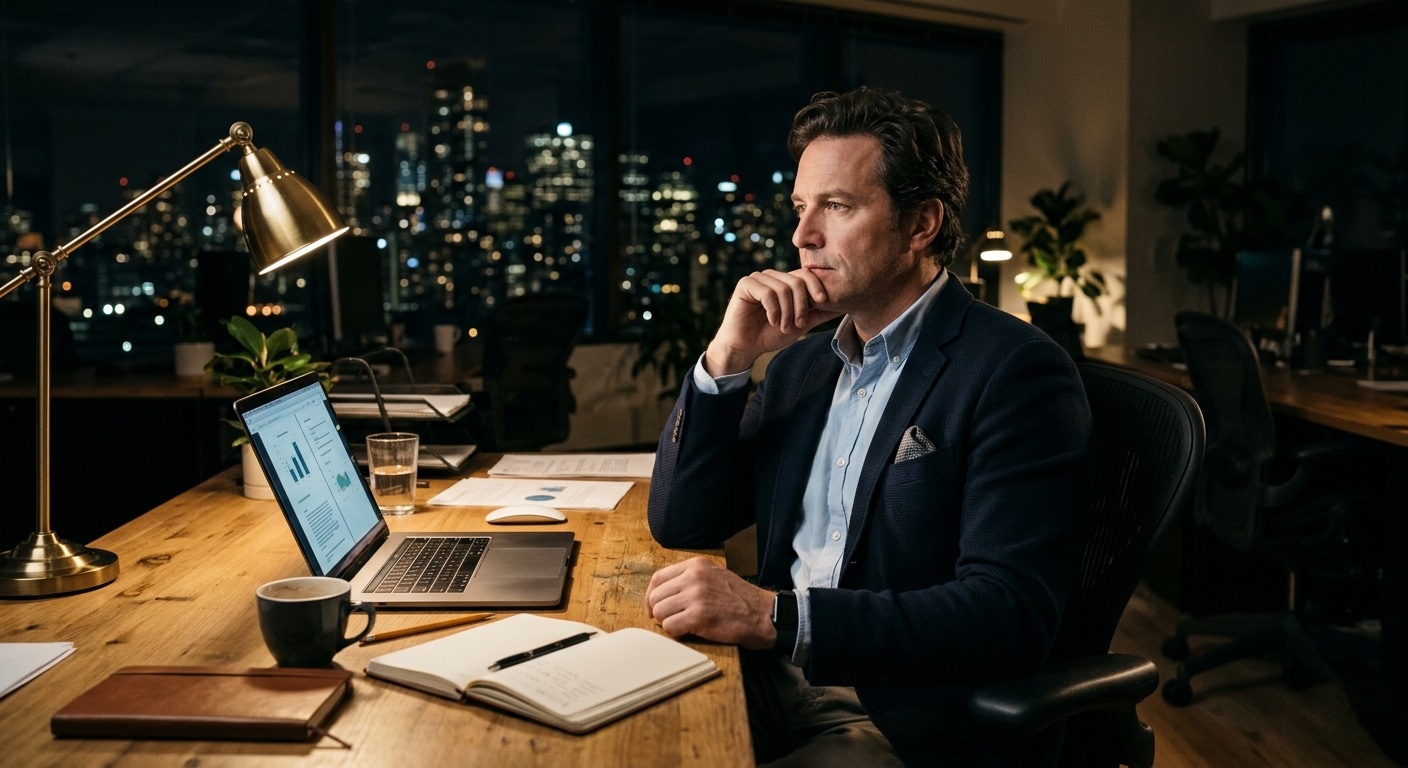 An executive sits at his desk late at night, city skyline glowing behind him, hand to chin, deep in thought.