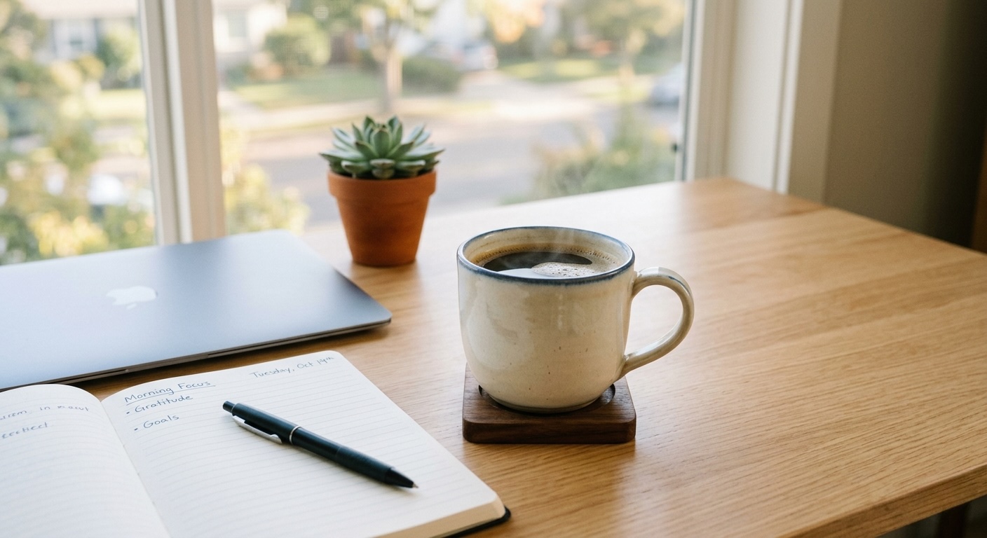 A quiet morning workspace: open journal, steaming black coffee, closed laptop, small succulent on a wood desk by a window.