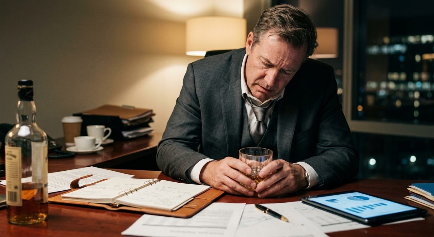 A professional in business attire sits at his desk late at night, holding a glass of whiskey while reviewing documents, with stress evident on his face.
