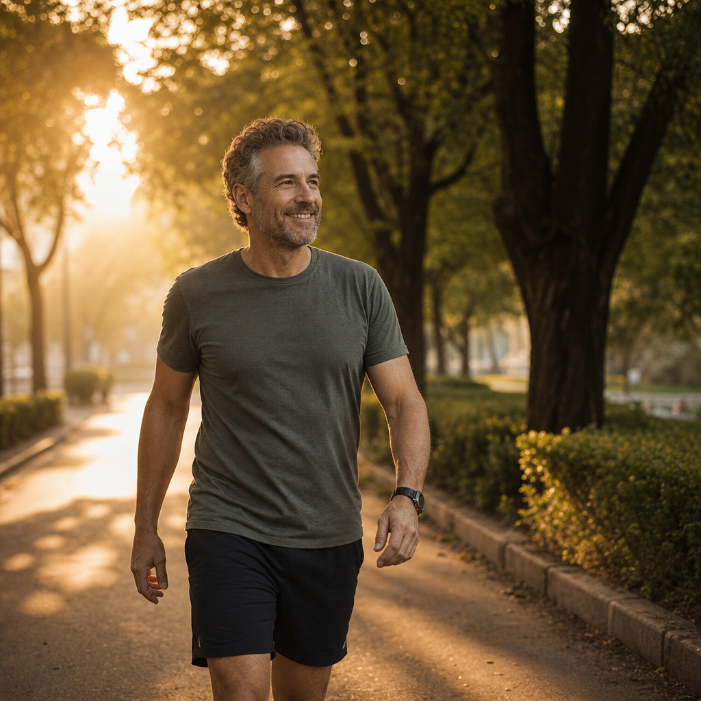 A man walking on a tree-lined path in warm golden morning light