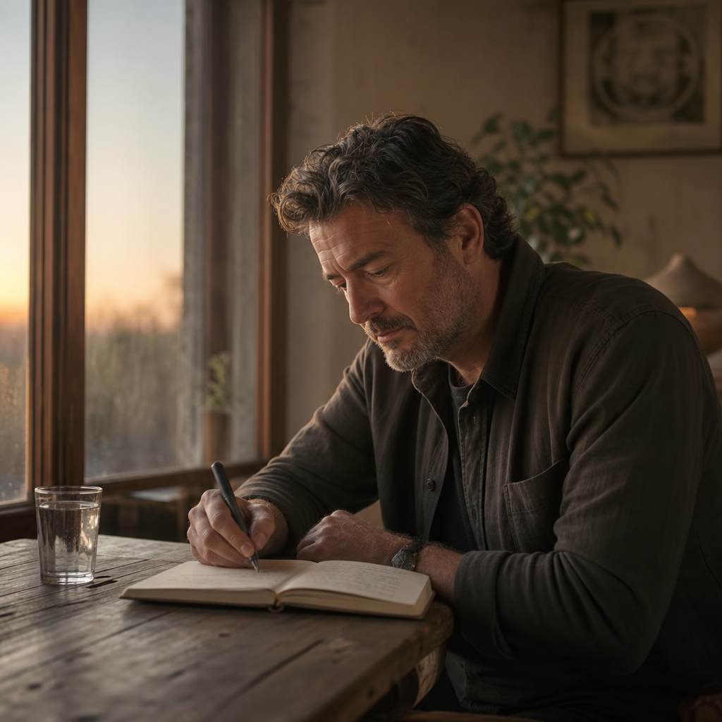 A man journaling quietly at a wooden table in soft morning light