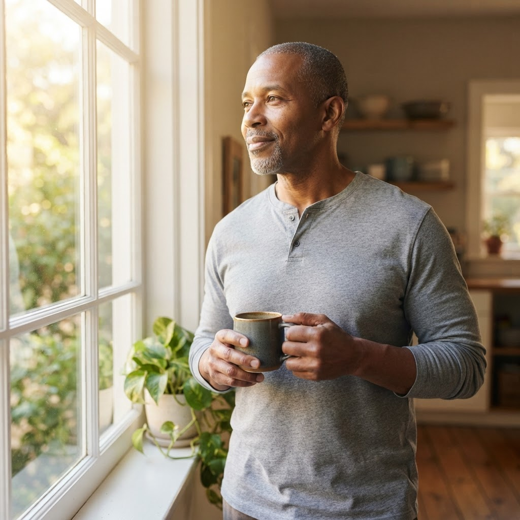 A man standing by a sunlit window with a cup of coffee in the morning